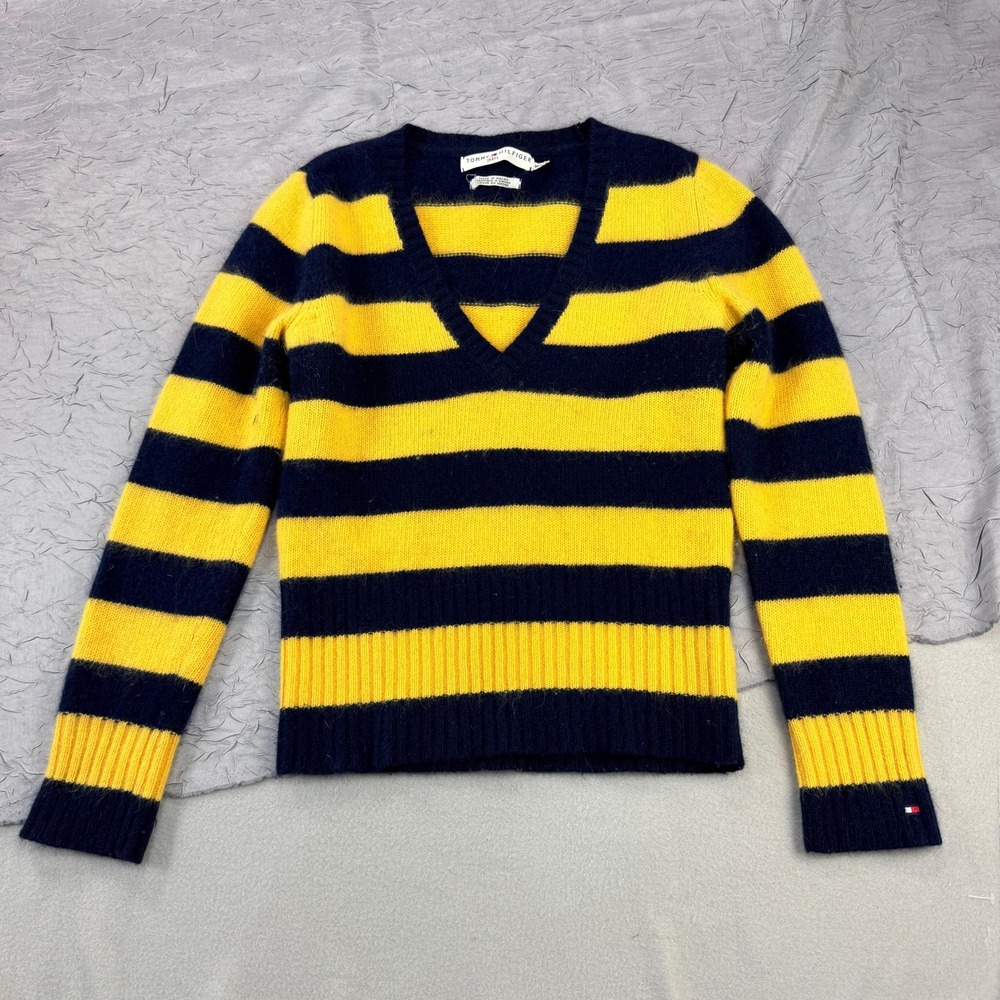 Vtg Tommy Hilfiger Jeans Striped V-Neck Y2K Sweater Navy Yellow Angora Wool M